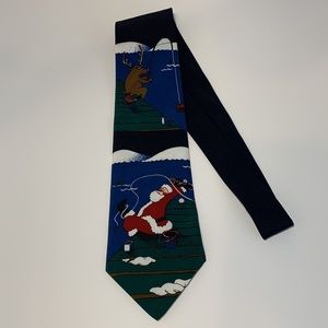 Hallmark Specialties Happy Holiday Tie Santa  Reindeer Fishing Dock Fishingpoles